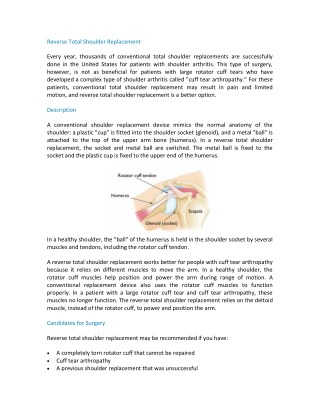 Reverse Total Shoulder Replacement Surgery pdf | Shri Ramchandra Joint Relacement Centre in Guntur | Vijayawada | Pra