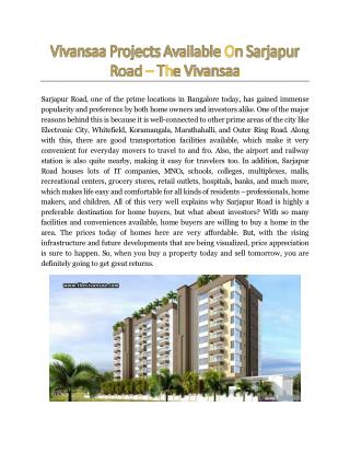 Vivansaa Projects Available On Sarjapur Road - The Vivansaa