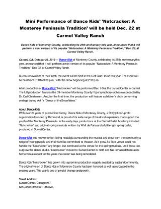 Mini Performance of Dance Kids’ 'Nutcracker: A Monterey Peninsula Tradition,’ will be held Dec. 22 at Carmel Valley Ranc
