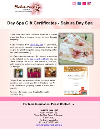 Day Spa Gift Certificates - Sakura Day Spa