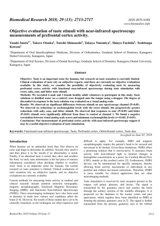 Objective evaluation of taste stimuli with near-infrared spectroscopy measurements of prefrontal cortex activity