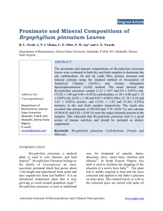 Proximate and Mineral Compositions of Bryophyllum pinnatum Leaves