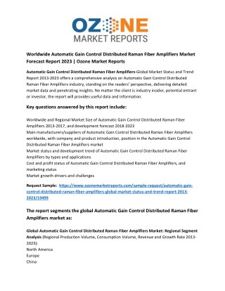 Worldwide Automatic Gain Control Distributed Raman Fiber Amplifiers Market Forecast Report 2023 | Ozone Market Reports