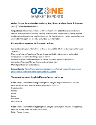 Global Torque Sensor Market –Industry Size, Share, Analysis, Trend & Forecast 2013 | Ozone Market Reports