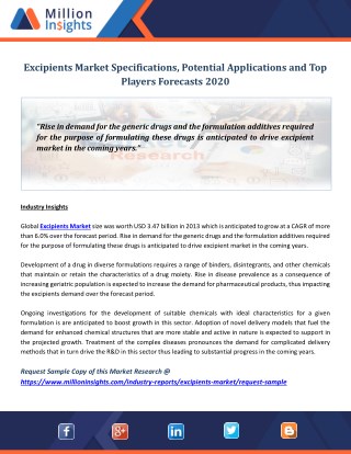 Excipients Market Specifications, Potential Applications and Top Players Forecasts 2020