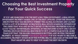 Choosing the Best Investment Property For Your Quick Success