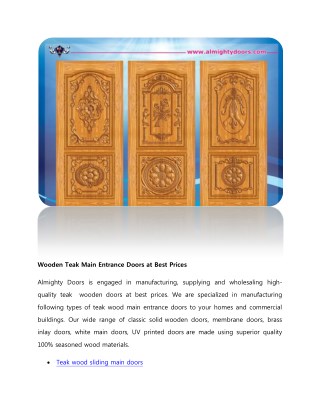 Wooden Teak Main Entrance Doors at Best Prices
