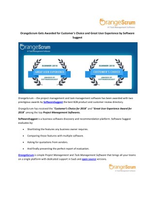 OrangeScrum Gets Awarded for Customer's Choice and Great User Experience by SoftwareSuggest