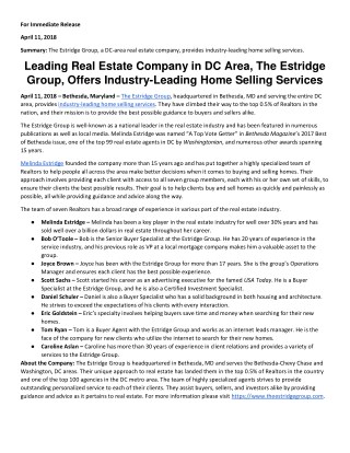 Leading Real Estate Company in DC Area, The Estridge Group, Offers Industry-Leading Home Selling Services