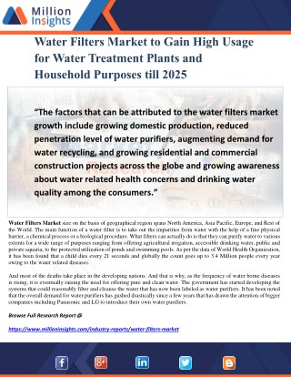 Water Filters Market to Gain High Usage for Water Treatment Plants and Household Purposes till 2025