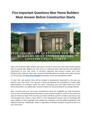 Five Important Questions New Home Builders Must Answer Before Construction Starts