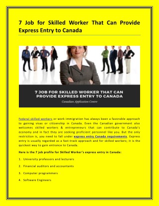 7 Job for Skilled Worker That Can Provide Express Entry to Canada