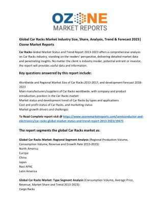 Global Car Racks Market Industry Size, Share, Analysis, Trend & Forecast 2023| Ozone Market Reports