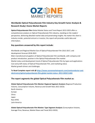 Worldwide Optical Polycarbonate Film Industry Key Growth Factor Analysis & Research Study| Ozone Market Reports