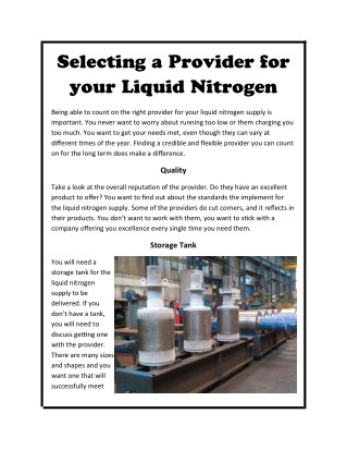 Selecting a Provider for your Liquid Nitrogen