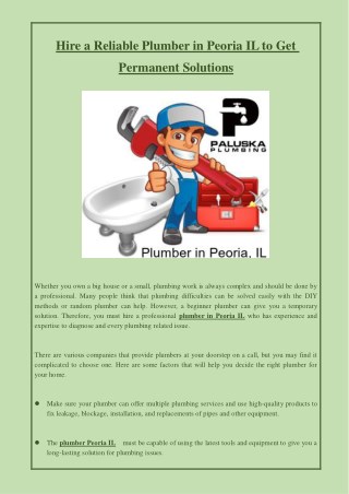 Hire a Reliable Plumber in Peoria IL to Get Permanent Solutions