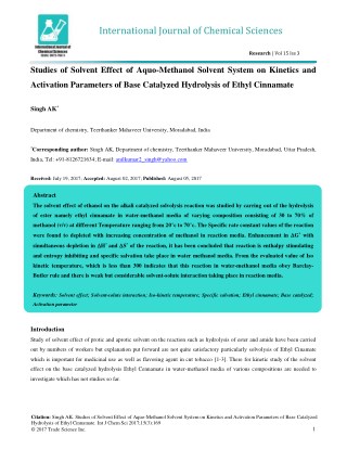 Studies of Solvent Effect of Aquo-Methanol Solvent System on Kinetics and Activation Parameters of Base Catalyzed Hydrol