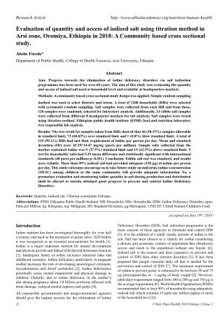 Evaluation of quantity and access of iodized salt using titration method in Arsi zone, Oromiya, Ethiopia in 2018: A Comm