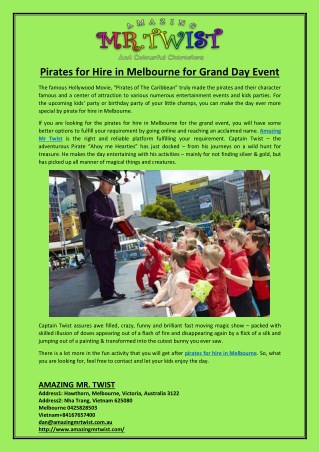 Pirates for Hire in Melbourne for Grand Day Event