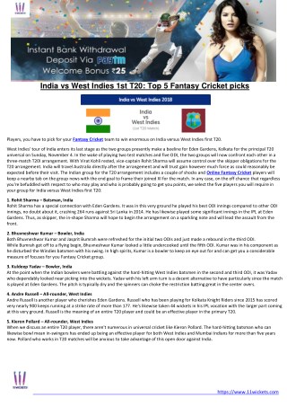 India vs West Indies 1st T20: Top 5 Fantasy Cricket picks