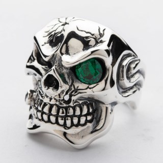 Green Eye Silver Skull Ring