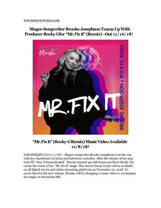 Singer-Songwriter Brooke Josephson Teams up with Producer Rocky G for “Mr. Fix It” (Remix) – Out 11/16/18!