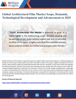 Global Architectural Film Market Scope, Demands, Technological Development and Advancement to 2025