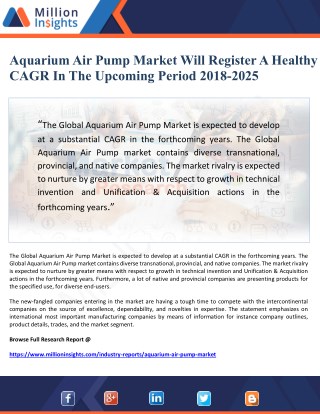 Aquarium Air Pump Market Will Register A Healthy CAGR In The Upcoming Period 2018-2025