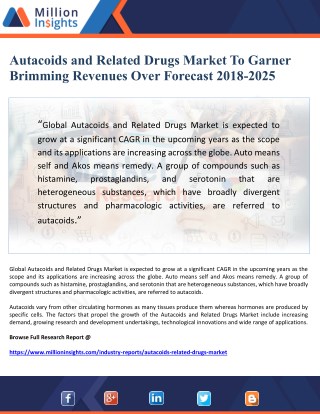 Autacoids and Related Drugs Market To Garner Brimming Revenues Over Forecast 2018-2025