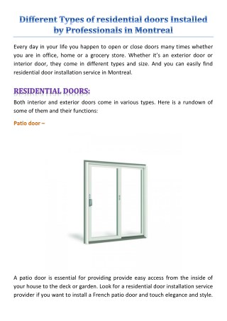 Different Types of residential doors Installed by Professionals in Montreal