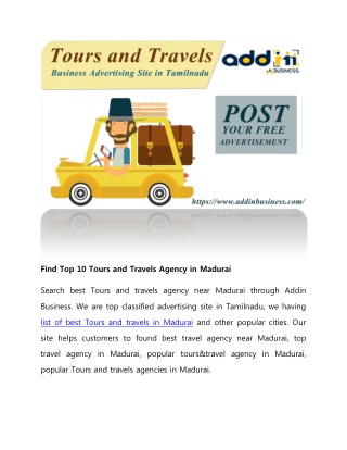 Find Top 10 Tours and Travels Agency in Madurai