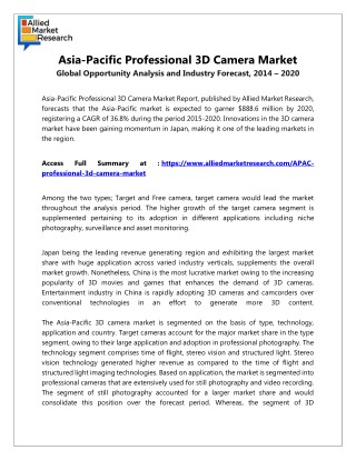 Asia-Pacific Professional 3D Camera Market by 2020 Analysis, Growth, Drivers