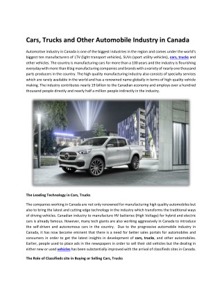 Cars, Trucks and Other Automobile Industry in Canada