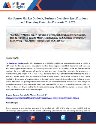 Gas Sensor Market Outlook, Business Overview, Specifications and Emerging Countries Forecasts To 2020