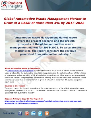 Global Automotive Waste Management Market to Grow at a CAGR of more than 3% by 2017-2022