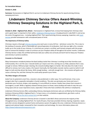 Lindemann Chimney Service Offers Award-Winning Chimney Sweeping Solutions in the Highland Park, IL Area