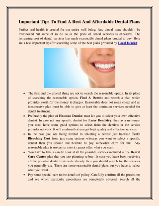 Important Tips To Find A Best And Affordable Dental Plans