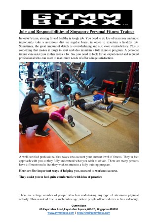 Jobs and Responsibilities of Singapore Personal Fitness Trainer