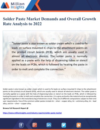Solder Paste Market Demands and Overall Growth Rate Analysis to 2022