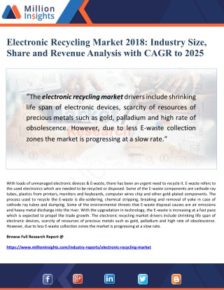 Electronic Recycling Market 2018: Industry Size, Share and Revenue Analysis with CAGR to 2025