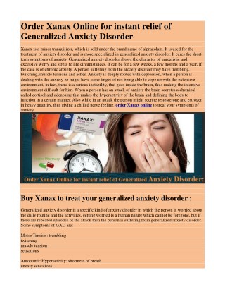 Order Xanax Online for instant relief of Generalized Anxiety Disorder: