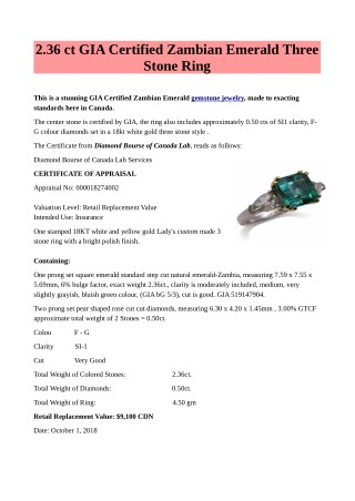 2.36 ct GIA Certified Zambian Emerald Three Stone Ring Gemstone