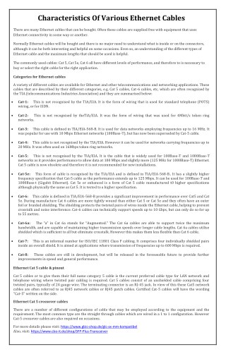 Characteristics Of Various Ethernet Cables