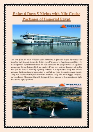 Enjoy 6 Days 5 Nights with Nile Cruise Packages of Imperial Egypt