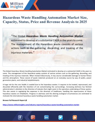 Hazardous Waste Handling Automation Market Size, Capacity, Status, Price and Revenue Analysis to 2025