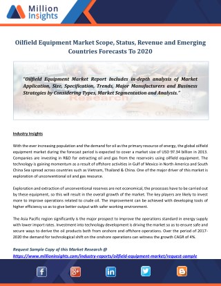 Oilfield Equipment Market Scope, Status, Revenue and Emerging Countries Forecasts To 2020