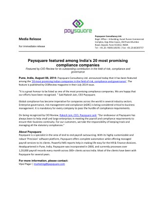 Paysquare featured among India’s 20 most promising compliance companies