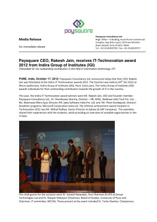 Paysquare CEO, Rakesh Jain, receives IT-Technovation award 2012 from Indira Group of Institutes (IGI)