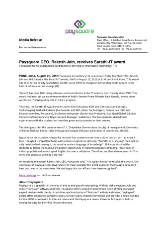 Paysquare CEO, Rakesh Jain, receives Sarathi-IT award