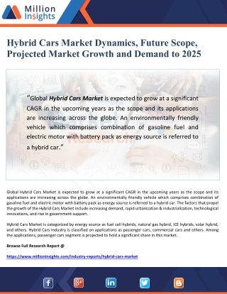 Hybrid Cars Market Dynamics, Future Scope, Projected Market Growths and Demands to 2025